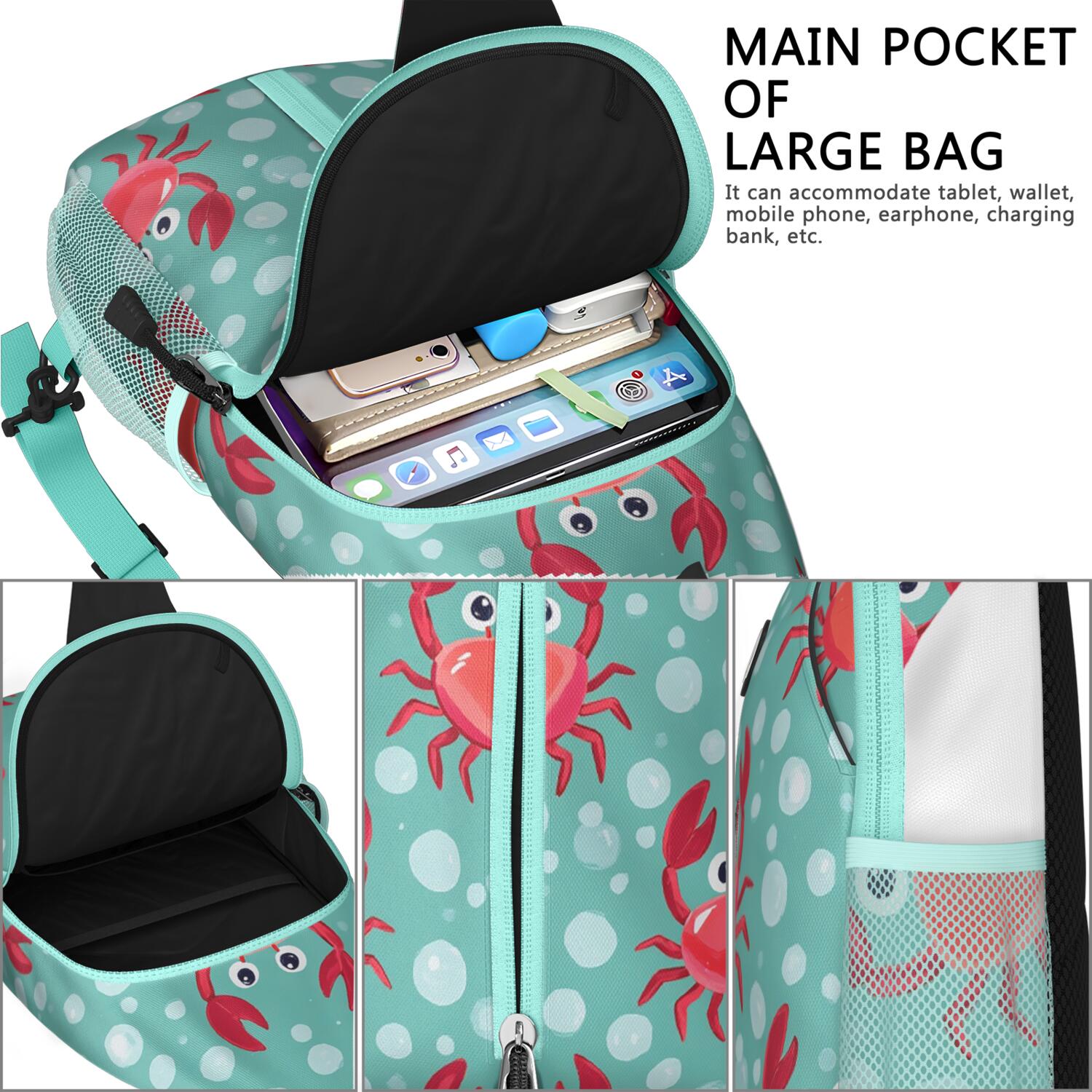 Crab Marine Crossbody Sling Bag for Women Men Hiking Sling Backpack Chest Bag for Outdoor Activities Gym Small Travel Backpack Gym Sports Travel Hiking Daypack