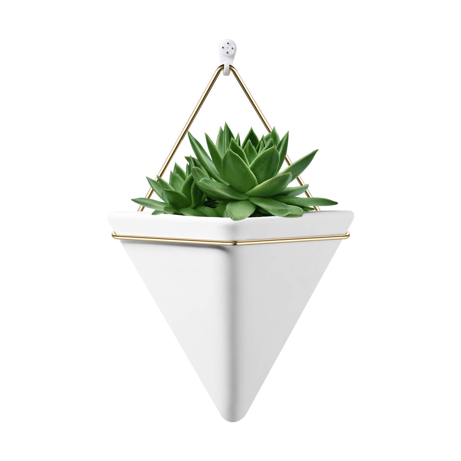 T4U Diamond Wall Planter Geometric Wall Vases Marble White Set of 2 Trigg Ceramic Mounted Succulent Air Plant Flower Pots Cactus Faux Plants Containers White Modern Indoor Decor for Home and Office 