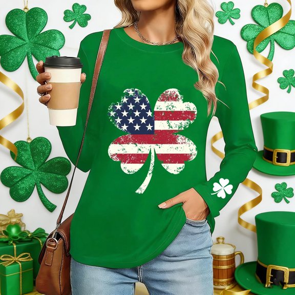 Pincandy Women's St. Patrick's Day Print Round Neck Long Sleeve Loose Casual Fashion T-Shirt