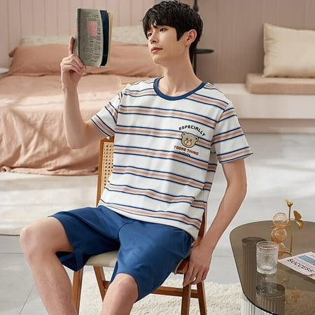 

QWZNDZGR Sleepwear Couple Cotton Pajama Sets Summer Short sleeve Printing Pijama Shorts Night Clothes Pyjamas Women And Men Home Suits