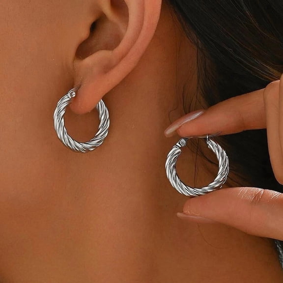 14K Gold Plated Stainless Steel Hoop Round Earrings Women Twisted Silver E26