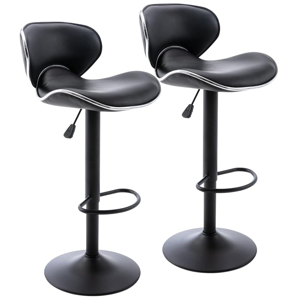 Bar Stools Set of 4, PU Leather Adjustable Swivel Bar Chairs for Kitchen Counter Island, Modern Armless Shell-Shaped Counter Height Stools for Dining Room Café Pub (Black, Black Base)