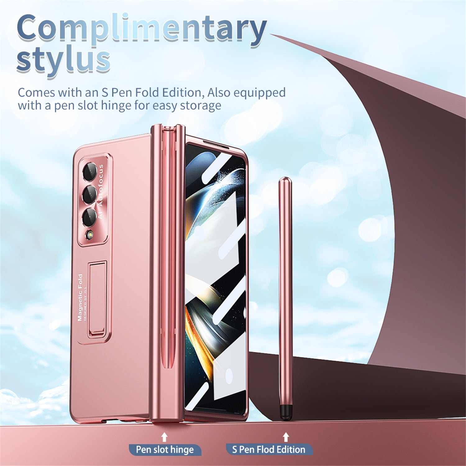 Allytech for Samsung Galaxy Z Fold 4 Case with S Pen Holder, [Come with S Pen Fold Edition] Drop Proof Kickstand All-inclusive Plating Folding Phone Case Cover for Samsung Z Fold 4 5G 2022, Rosegold