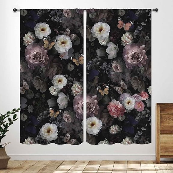 Black Floral Curtains, Rustic Flower Rose Peony Leaves Boho Plant Vintage Window Curtain Treatments Drapes For Bedroom Living Room Kitchen Bathroom 42"W x 63"L (Pack of 2)