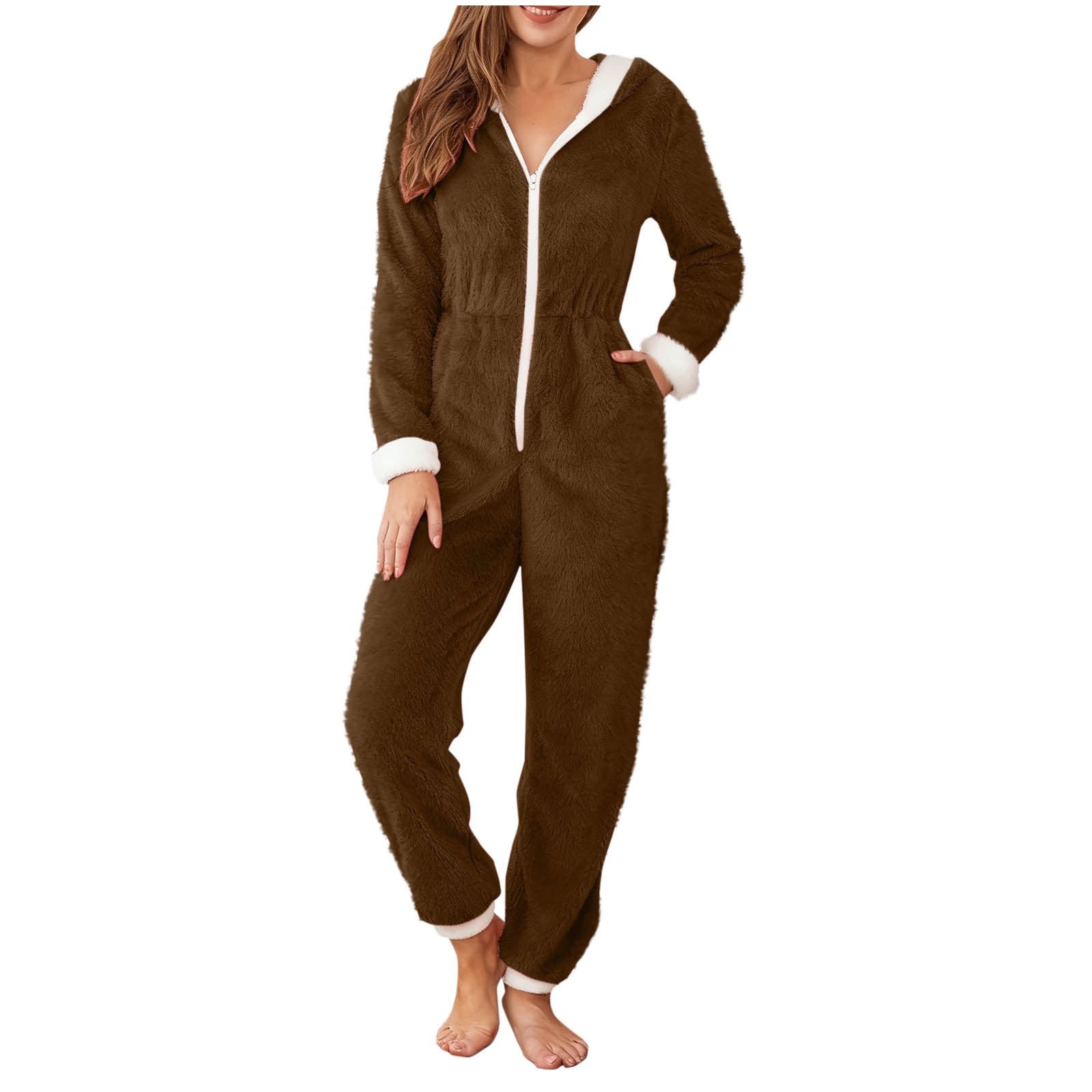 yoeyez Adult Onesie Pjs for Women Sherpa Jumpsuit Long Sleeve Fuzzy Pajamas Santa Hooded Winter Rompers Sleepwear