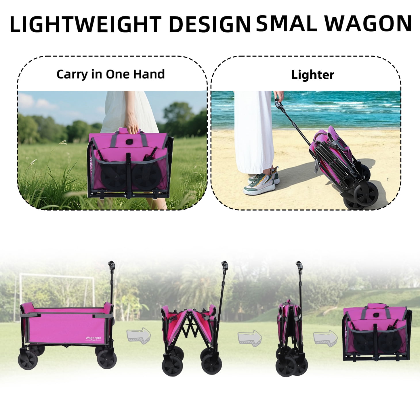 All-in-One Convertible Folding Wagon Cart with Bench Seat and Dog Leash, Heavy Duty Utility Trolley with All Terrain Wheels, Lightweight Shopping Cart for Beach, Garden, Camping, Sport, Pink