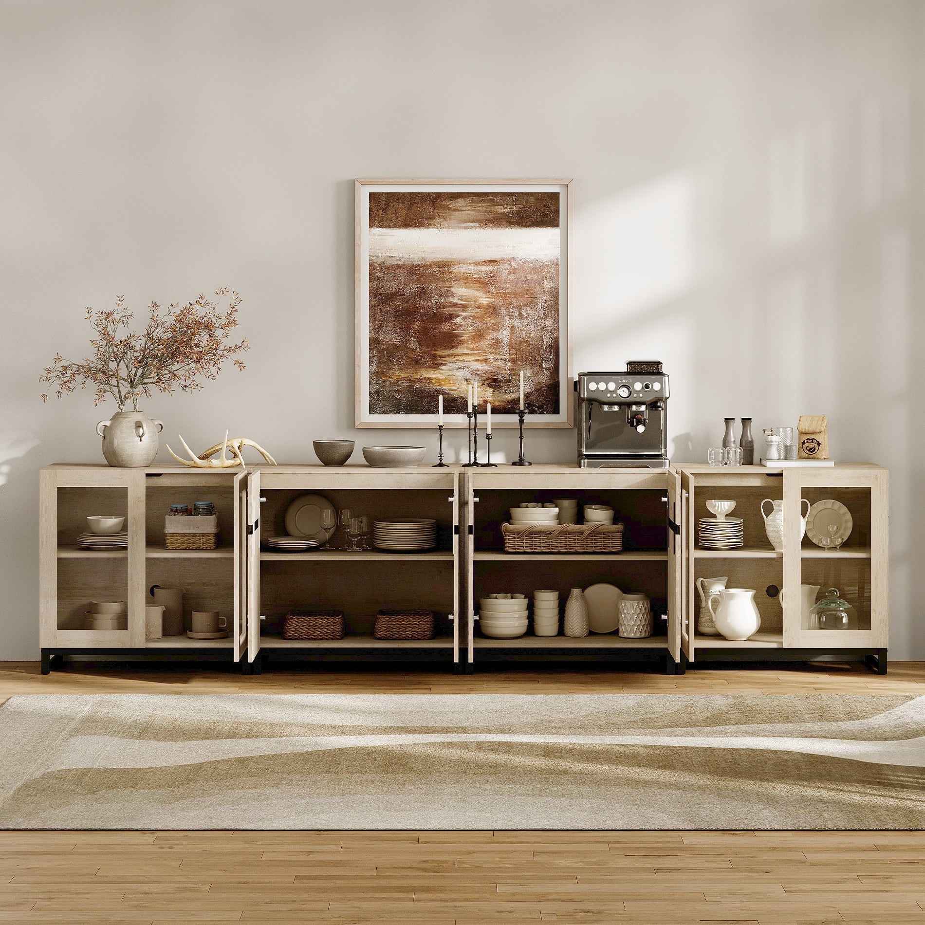 Modern Sideboard With Adjustable Shelves, 4 In 1 Storage Cabinet With Glass Doors, Coffee Bar Cabinet For Living Room, Kitchen,Dinning Room,Beige