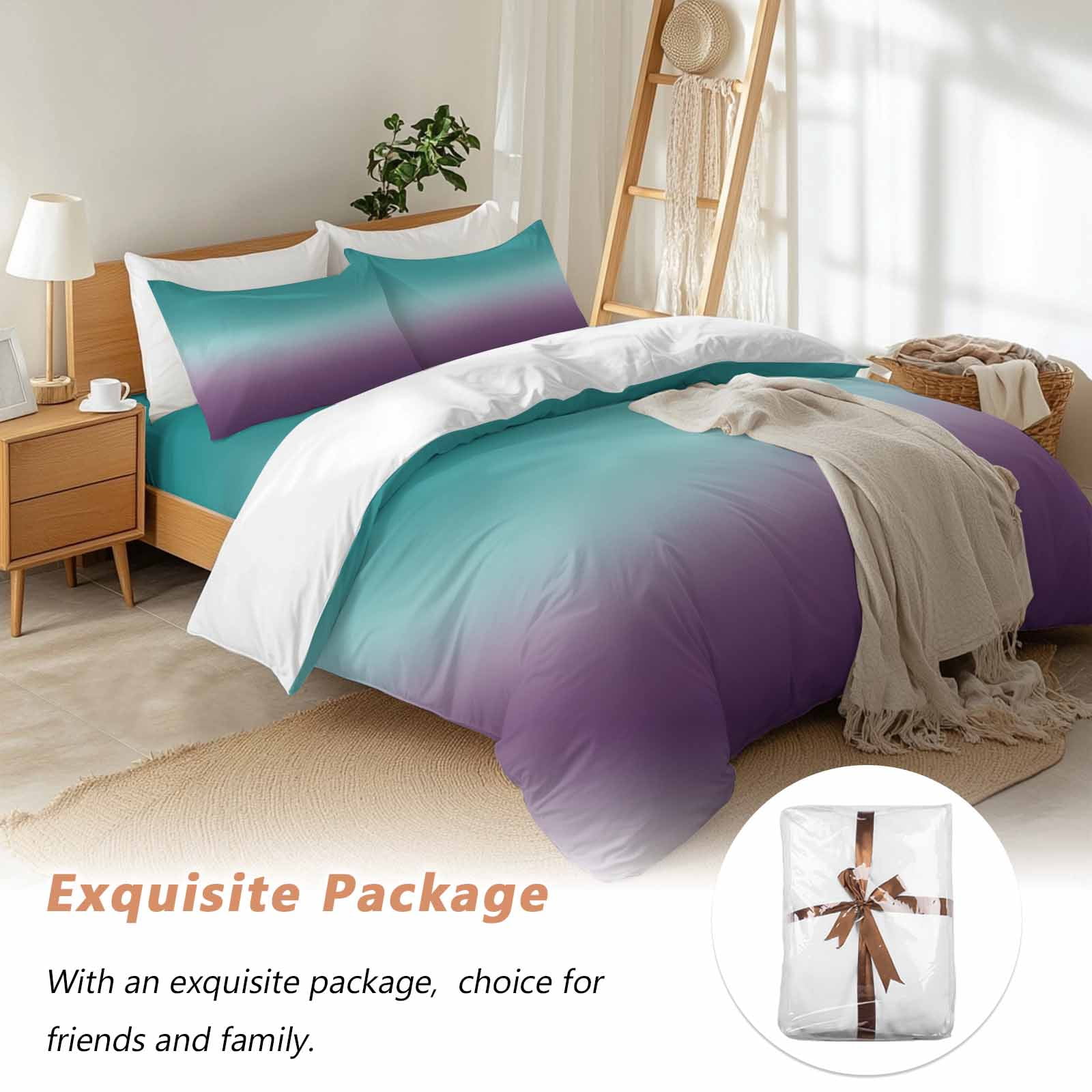 Teal Purple Ombre Duvet Cover Set,Turquoise Gradient Modern Abstract Art Soft Duvet Cover California King Bedding Set 4 Pieces,1 Quiltcover and 2 Pillowcases with Zipper,1 Bed Sheet for All Seasons