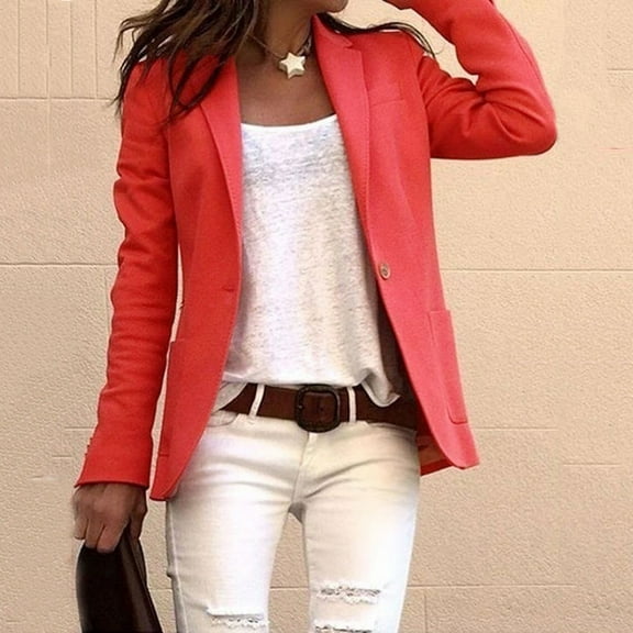 (clearance)IDALL Suits Blazers for Women Womens Casual Solid Long Sleeve Lapel Button Pocket Loose Jacket Coat Blazers for Women Business Casual Womens Blazer Red L