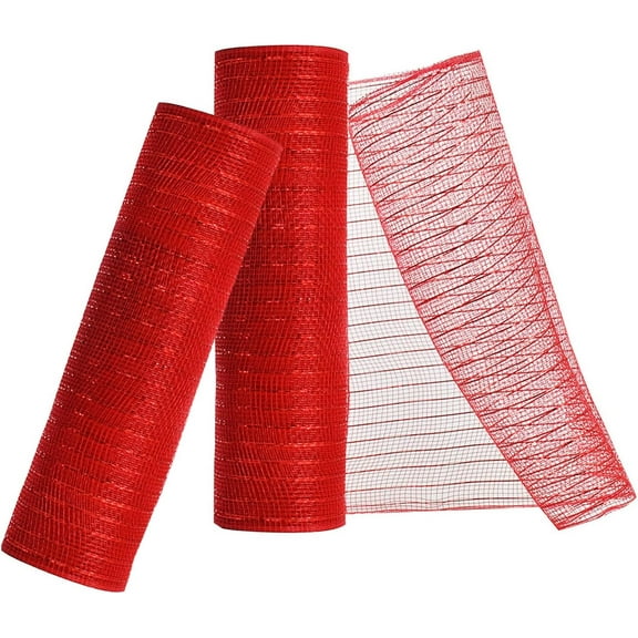 Deco Mesh 10 inch x 30 feet Each Roll, Christmas 2 Rolls Mesh Ribbons for Wreaths, Swags, Craft, Party, Christmas Tree and Decorating Supplies, 2 Rolls Metallic Red with Red Foil Fabric Mesh
