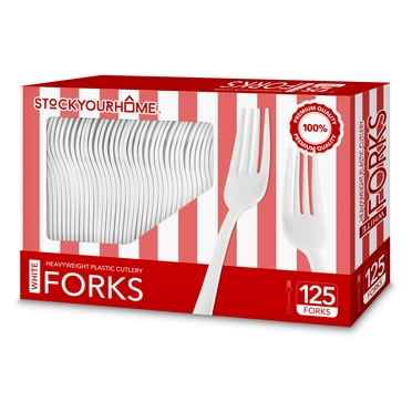 (125-Count) Plastic Forks, Disposable Silverware for Dinner, Heavy Duty Utensils, Heavyweight Party Flatware, Bulk Cutlery in White - Stock Your Home