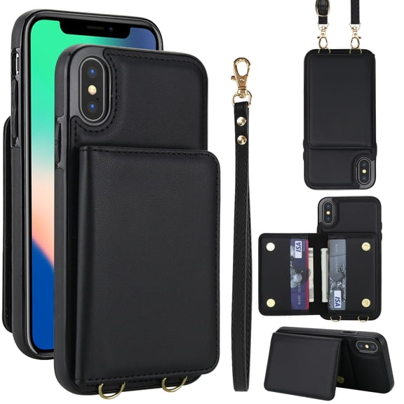 Allytechgroup Wallet Case for iPhone XS/X, Built-in Card Holder & Shoulder Strap & Wrist Strap Slim Shockproof Protective Full Body Cover Bumper for iPhone XS/X, Black