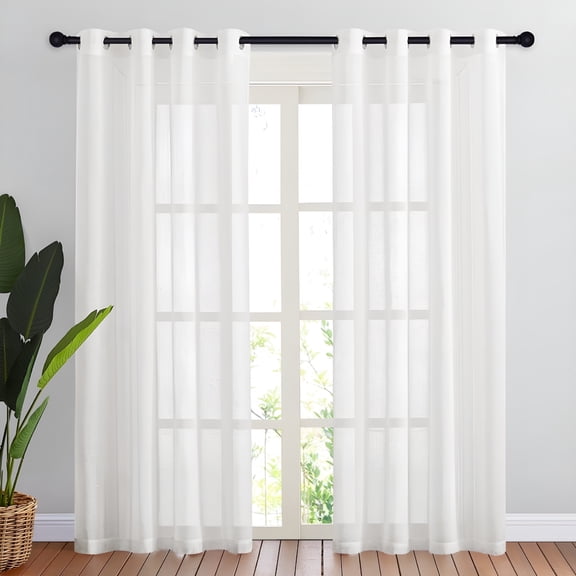 AUQ 2 Panels Sheer White Window Curtains 84 Inch, Linen Textured Grommet