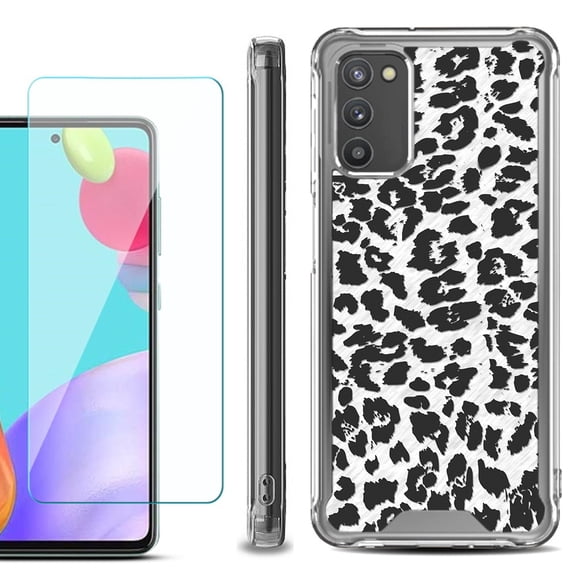 Shockproof Bumper Phone Case for Samsung Galaxy A02s, with Tempered Glass Screen Protector, by OneToughShield ® - Cheetah B/W