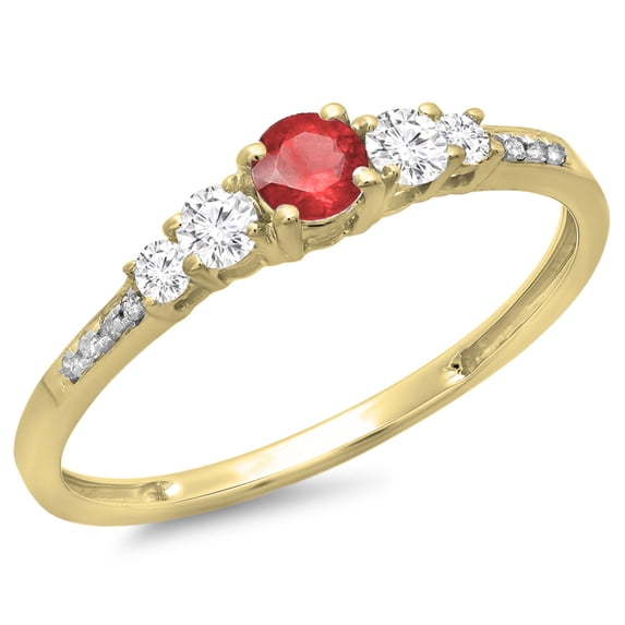 Dazzlingrock Collection 14K Round Cut Ruby & White Diamond Ladies Bridal 5 Stone Engagement Ring, Yellow Gold, Size 8