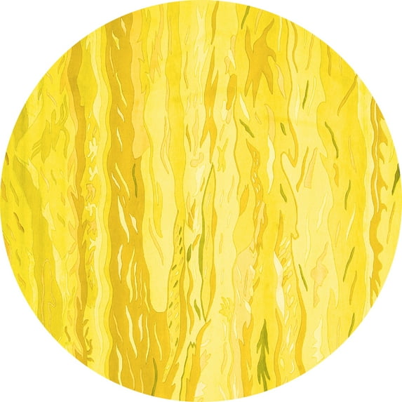 Ahgly Company Machine Washable Indoor Round Abstract Yellow Contemporary Area Rugs, 5' Round