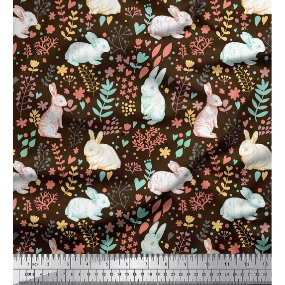 Soimoi Brown Cotton Jersey Fabric Leaves & Rabbit Animal Decor Fabric Printed Yard 58 Inch Wide