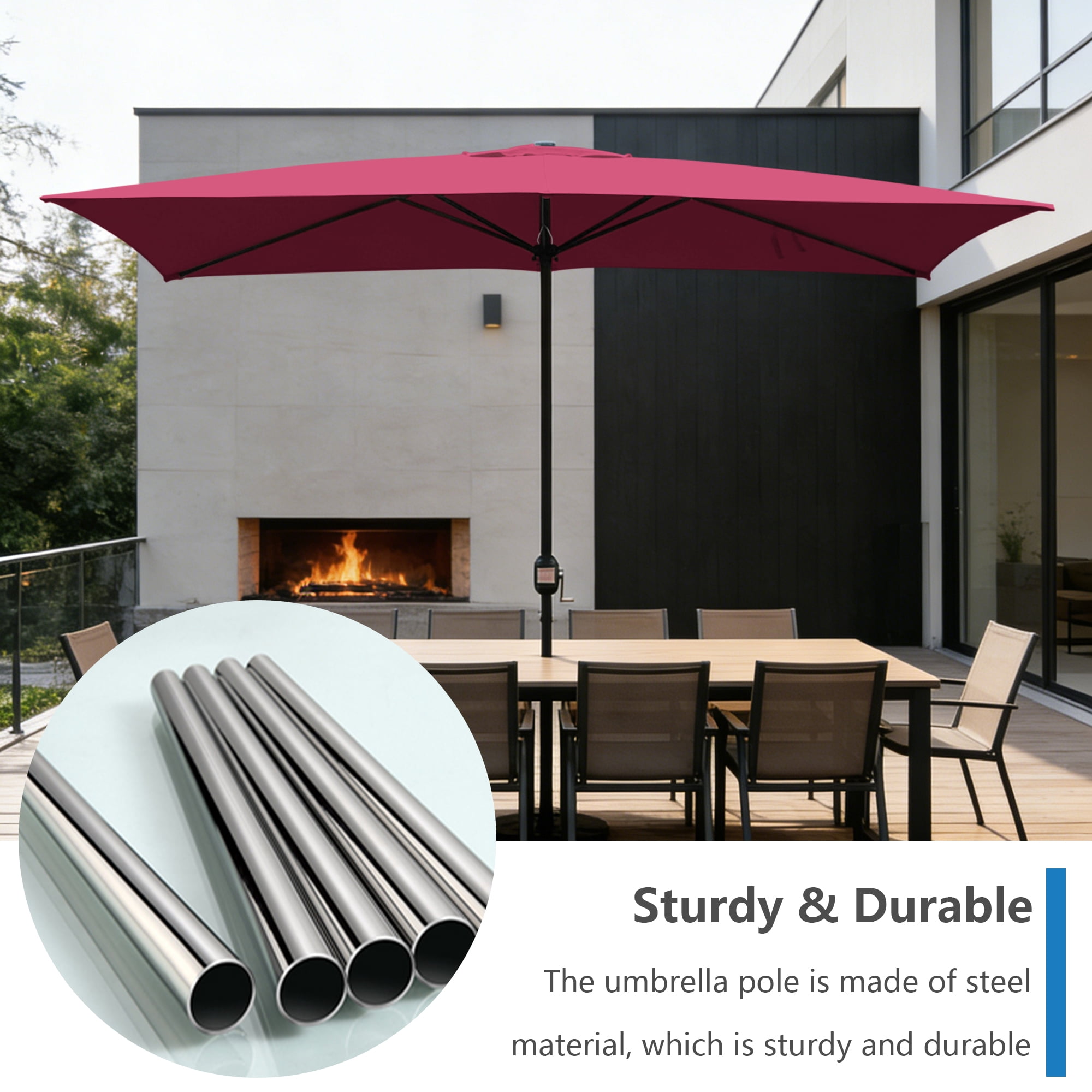 Abble 10x6.5ft Rectangular Patio Umbrella with Crank Handle, Outdoor Market Umbrella with 6 Sturdy Umbrella Ribs, Waterproof, Burgundy