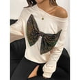 thumbnail image 4 of safuny Women's Cute Sequined Bowknot Round Neck Pullover Long Sleeve Sweatshirt Fall Tops Beige _P M, 4 of 8
