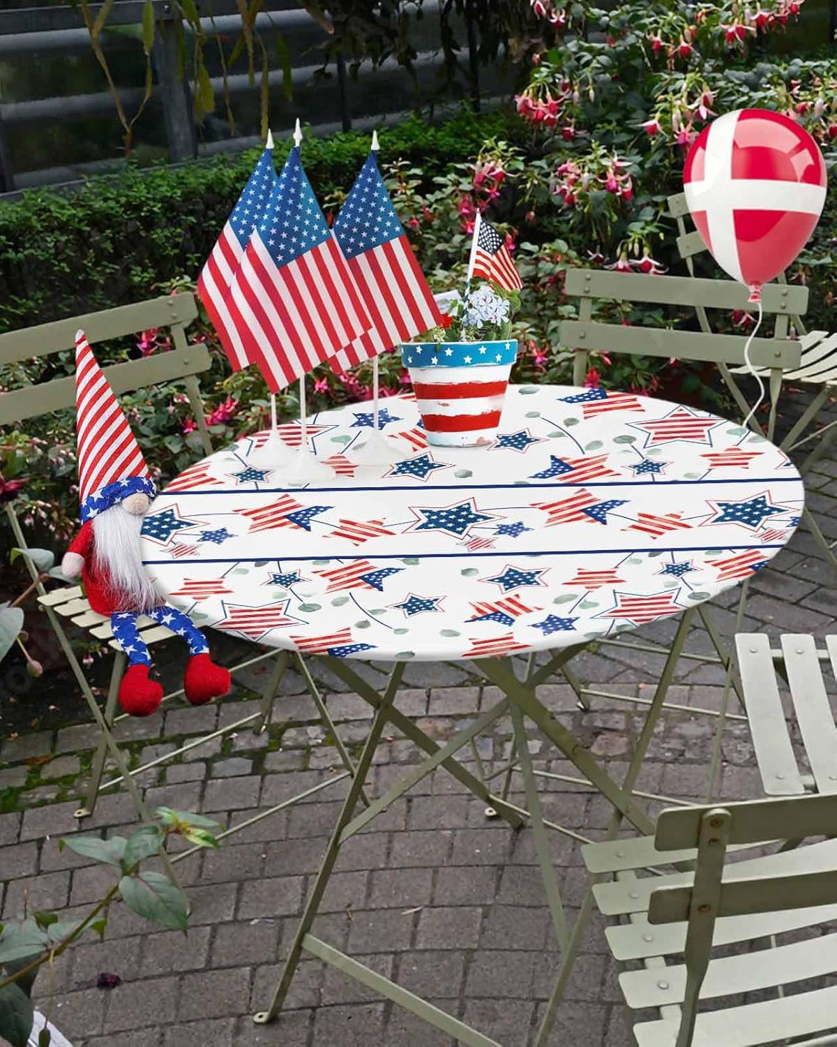 Memorial Day Round Fitted Tablecloth,American Flag Patriotic Star Elastic Edge Table Cover Waterproof Wipeable Table Cloths for Home Kitchen Dining Party Indoor Outdoor Decor 36"-44"