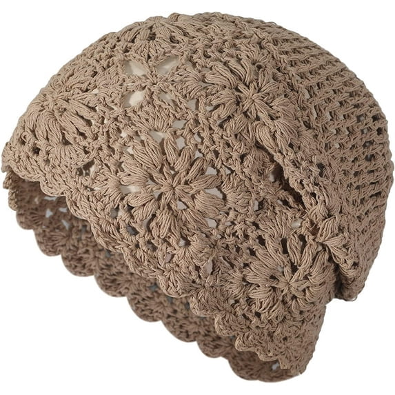 Mictong women's cotton crocheted loose knit hat, hand woven hollow hat, spring and summer retro ethnic style sweet knit hat, brown, 1 piece