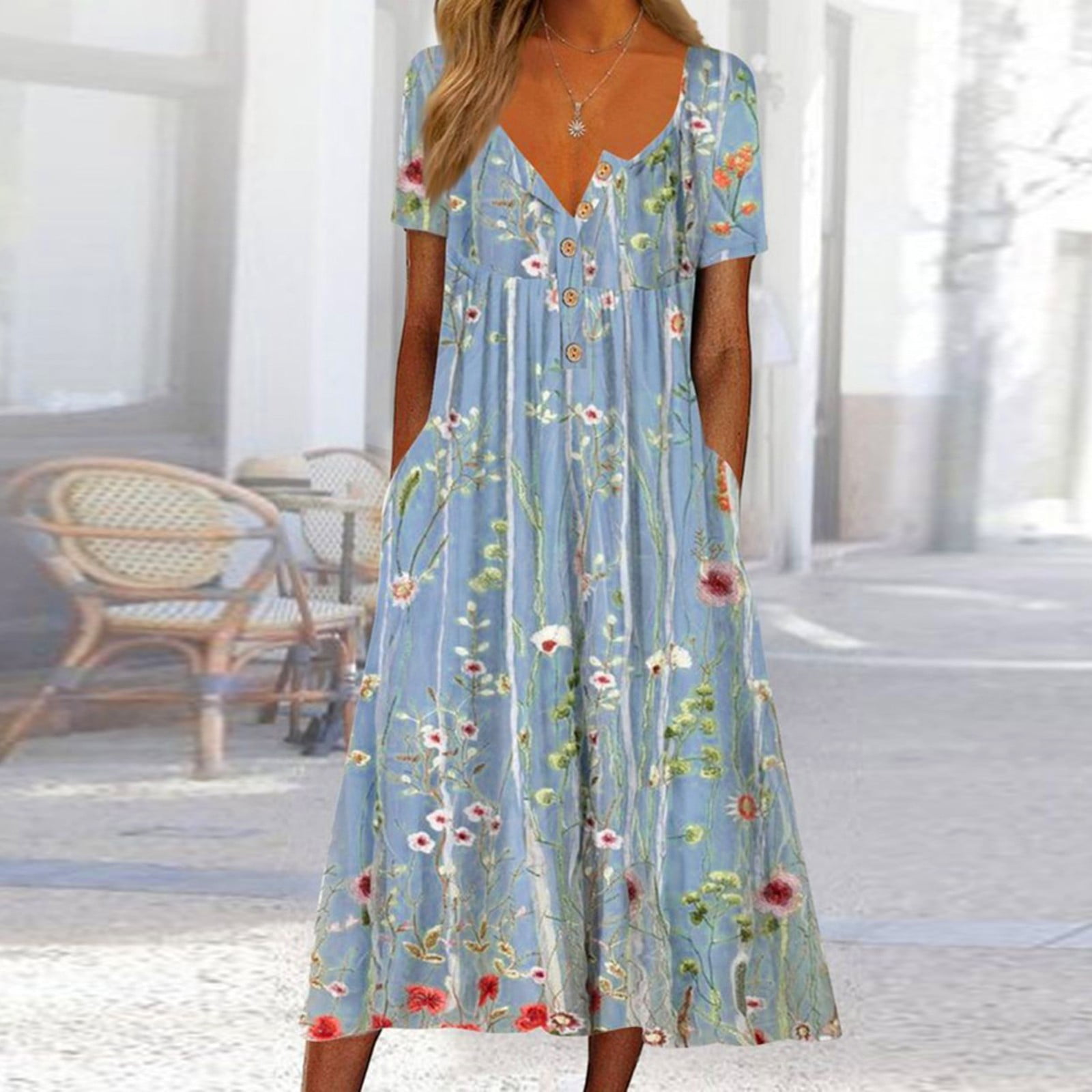 Jamsmile Womens Dress Summer Short Sleeve Long Casual Flowers Print Button Round Neck Dresses Loose Beach Boho Holiday Sundress