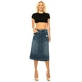 thumbnail image 2 of Be-Girl Women's Distressed Denim Midi Skirt, Medium Wash Blue, A-Line with Raw Hem, Knee Length - SG-79144, 2 of 5