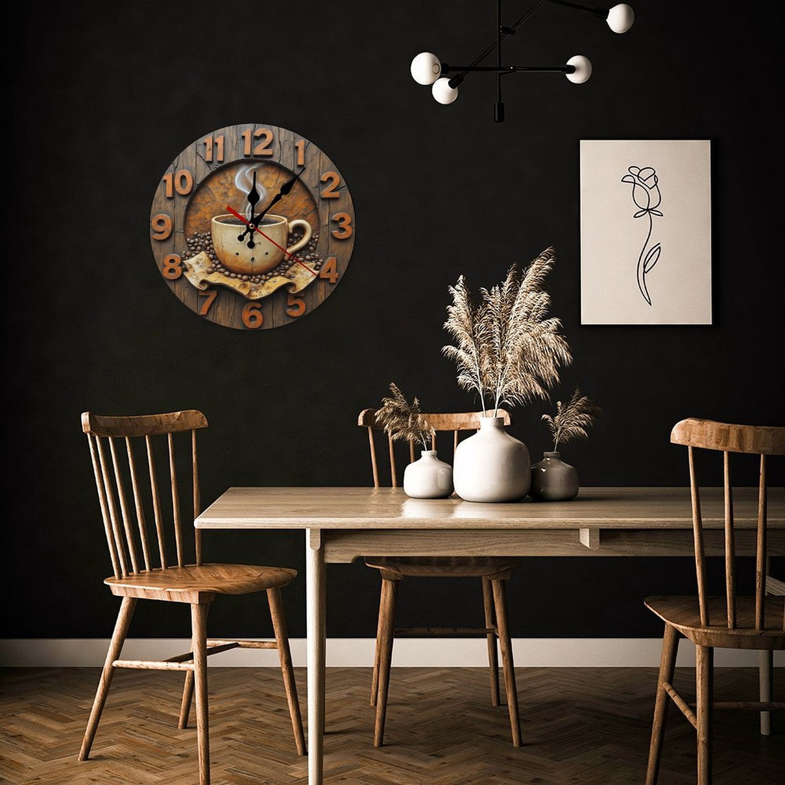 Wall Clock Decorative - Rustic Brown Coffee Cup Print 2D Vintage Wall Clocks Battery Operated Silent Non-Ticking for Bedroom, Living Room, Kitchen, Office, Classroom, 10 Inch