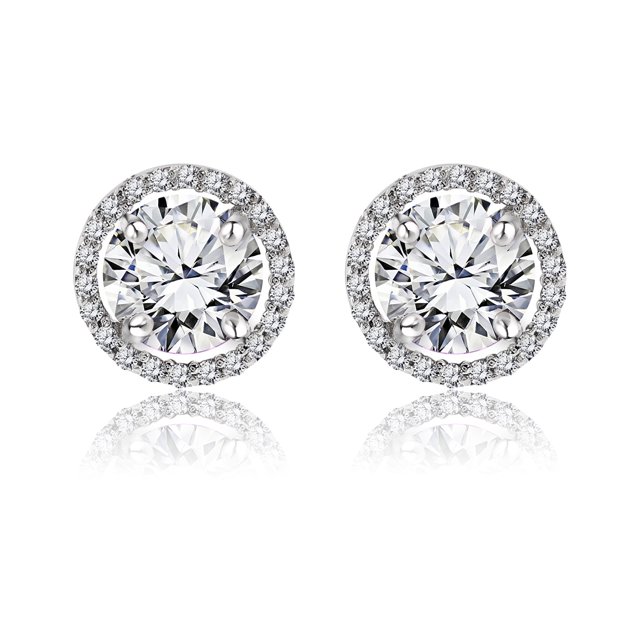 Pendientes de Botón JeenMata Halo de Piedra Natal de Abril Circonita Cúbica 1,25 Quilates Oro Blanco 18 K Plata