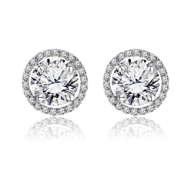 Pendientes de Botón JeenMata Halo de Piedra Natal de Abril Circonita Cúbica 1,25 Quilates Oro Blanco 18 K Plata