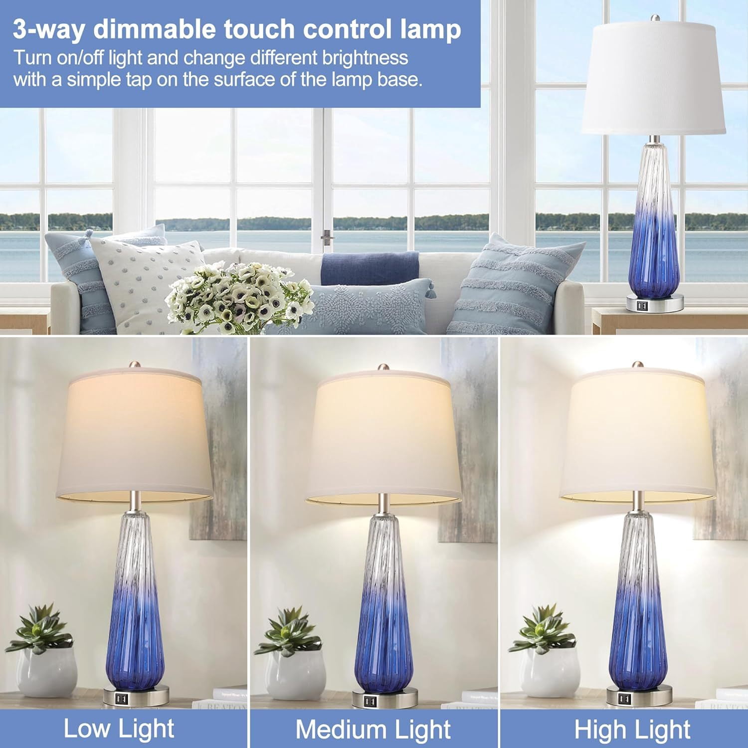 Lisonu 27.5" Touch Control Table Lamps Set of 2, 3-Way Dimmable Bedside Lamps with USB A+C Ports, Modern Navy Blue Glass Nightstand Lamps with White Fabric Shade for Living Room Bedroom