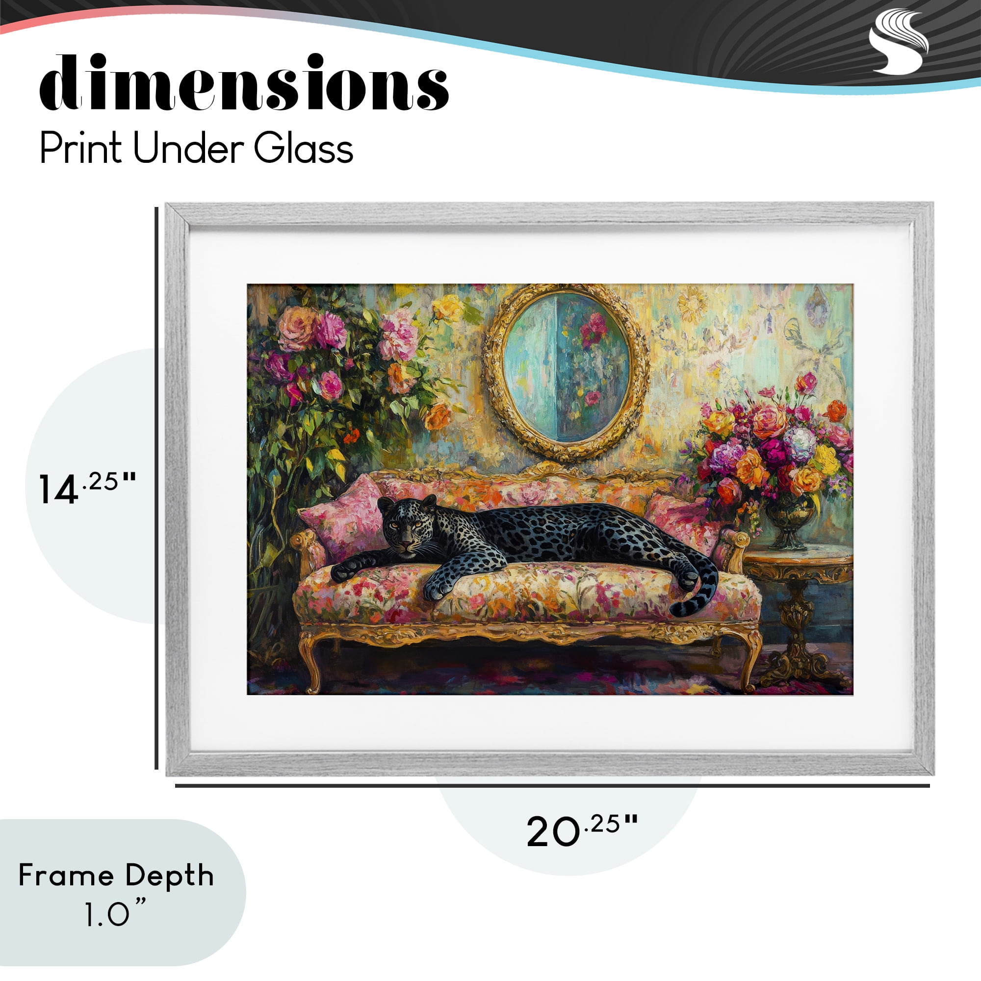 Stupell Industries Lounging Leopard on Floral Sofa Gray Framed Print Under Glass, design by Petal Prints Design