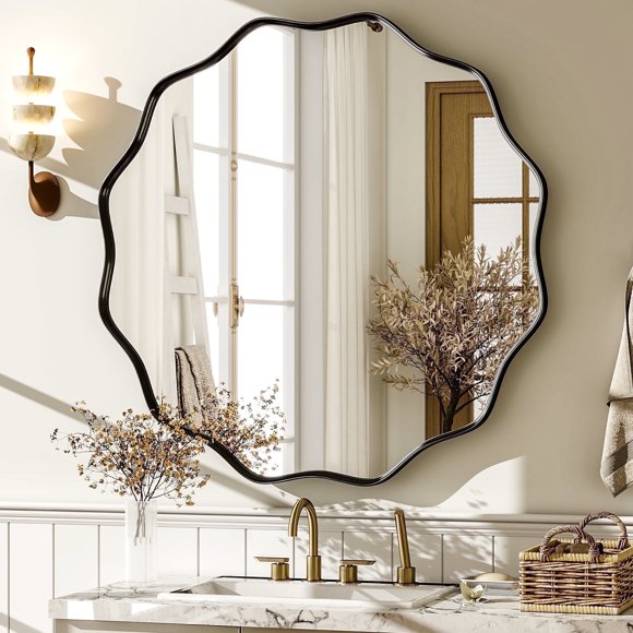 BEAUTYPEAK 24" Wavy Round Bathroom Mirror Wall Decor with Deep Frame, Black