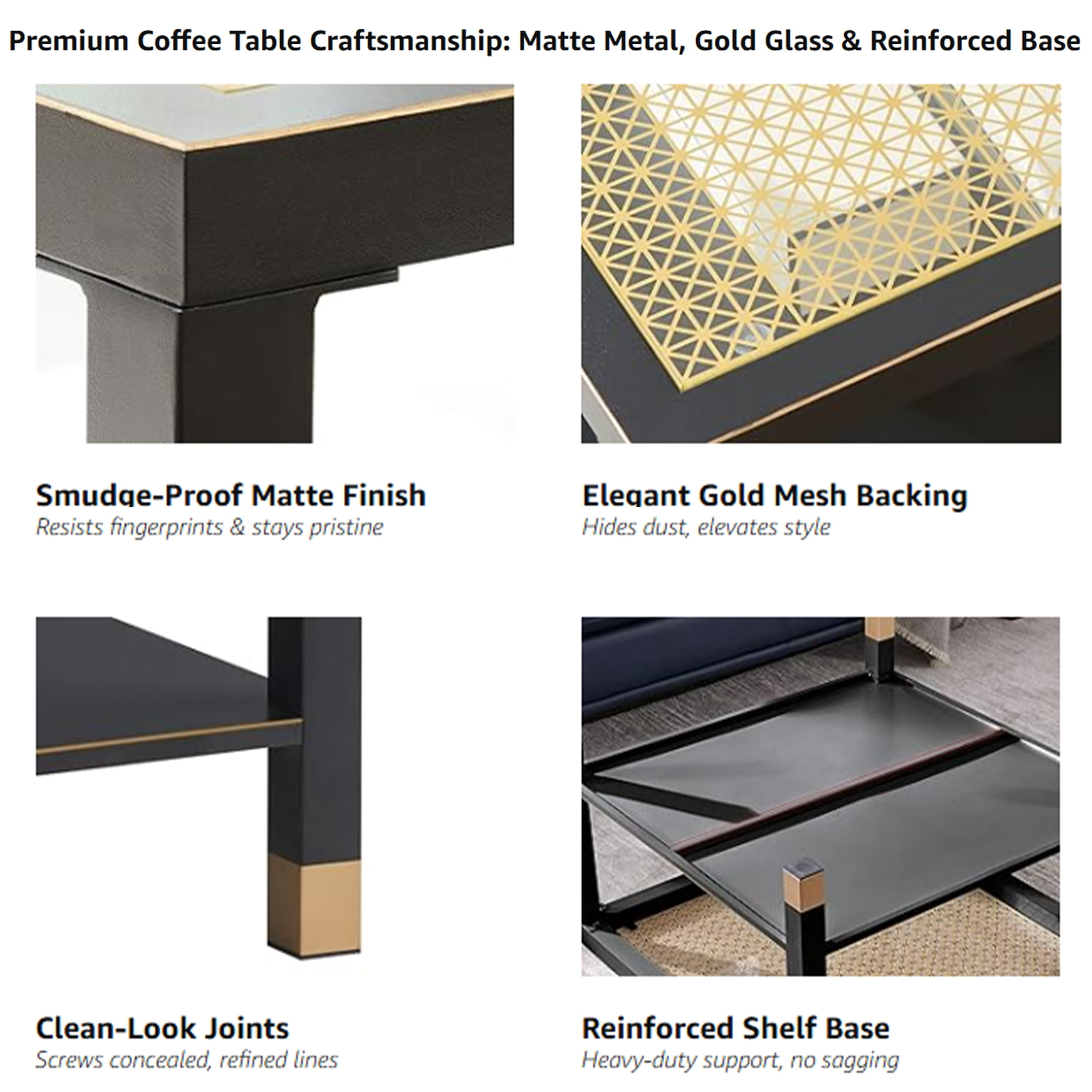 Leumius Modern Square Coffee Table, 27.6" Crisp Metal Frame, Luxe Gold Glass Top for Living Room Office Black