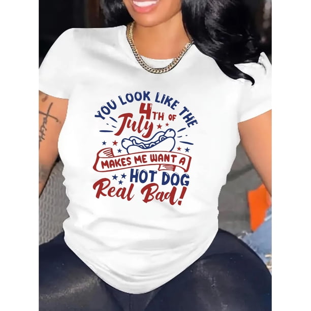 Women's Casual Hot Dog Graphic Tee - Comfy Crew Neck Short Sleeve T-Shirt, Perfect for Summer & Sports, English Hot Dog, Pattern Print, Women's Fashion, Casual, Summer Top