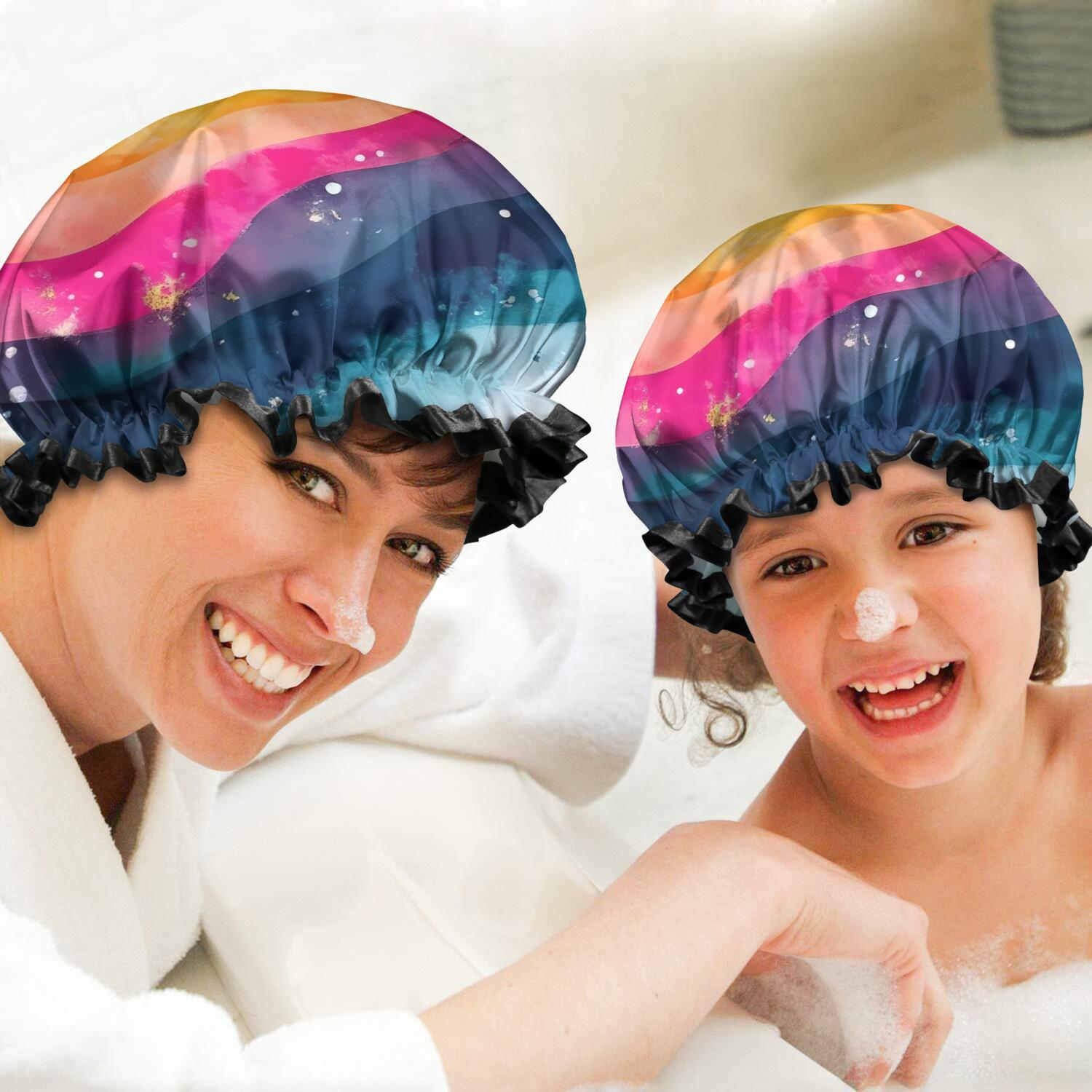 Shower Caps,Colorful Tie Dye Wave Pattern Waterproof Shower Cap for Women 4 Pieces,Double Reusable Hair Cover for Shower PEVA Elastic Stretch Hem