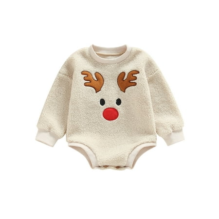 

Canrulo Newborn Baby Boys Girls Winter Christmas Rompers Clothes Cartoon Elk Lamb Wool Long Sleeve Warm Sweatshirt Jumpsuit Khaki 18-24 Months
