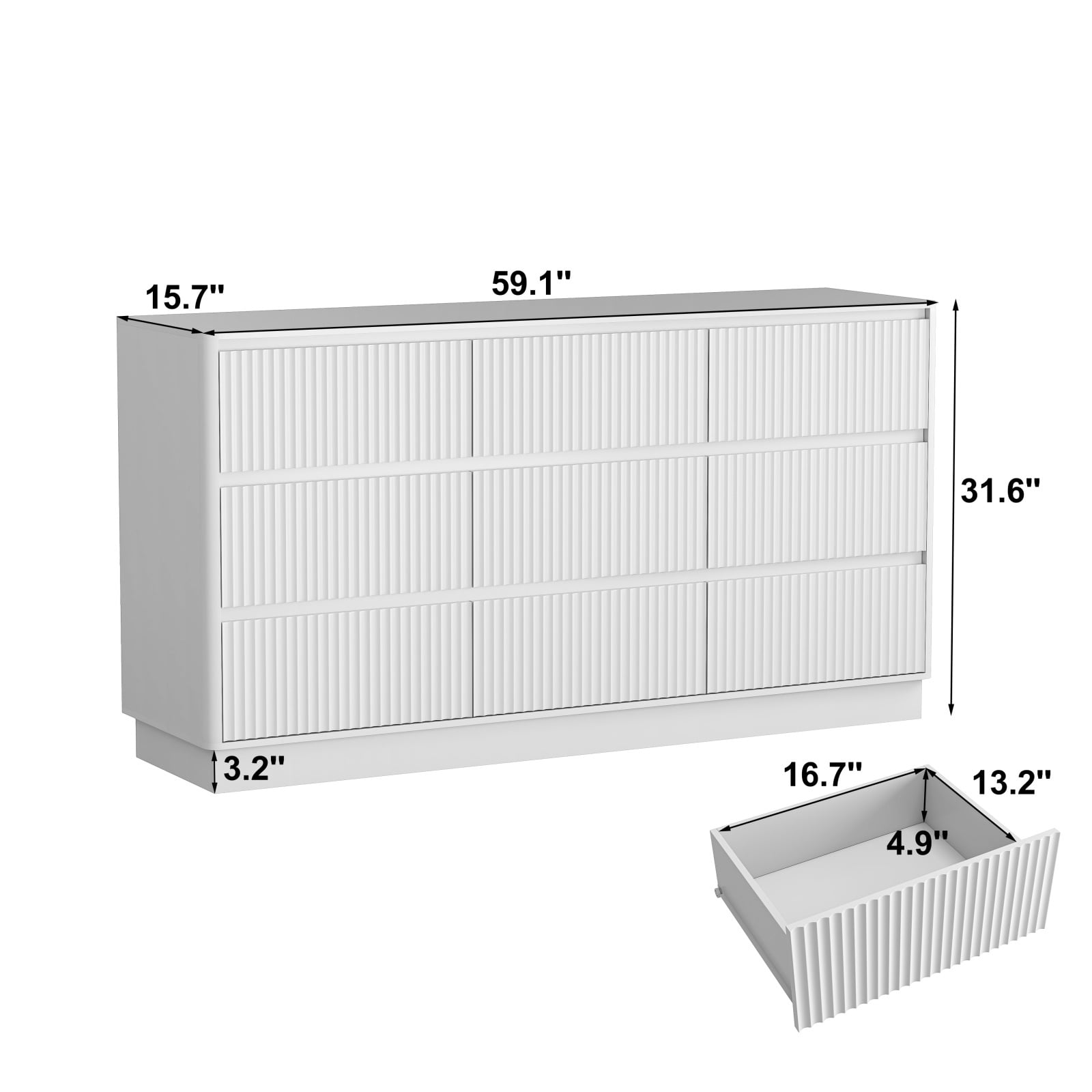 Hommoo Modern 9-Drawer Wood Dresser, Fluted Chest of Drawers, Multifunctional Storage Cabinet Credenza Side Table, White