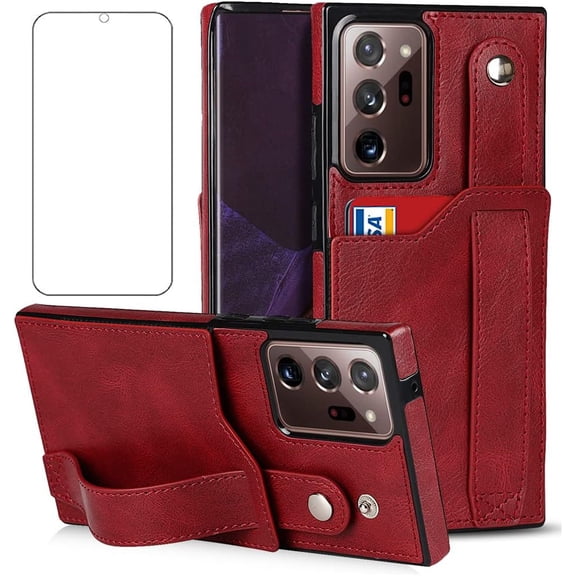 Design for Samsung Galaxy Note 20 Ultra Phone Case with Screen Protector Adjustable Wrist Strap Kickstand Credit Card Slot Slim Shockproof Hybrid Rugged Protective Cover for Women 6.9 inch Red