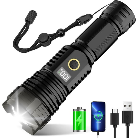 Rechargeable Handheld Flashlights, Led Tactical Flashlights High Lumens, Digital Display, Zoom, 5 Modes, IPX7 Waterproof, Super Bright Flashligh for Home, Emergencies, Camping, Black