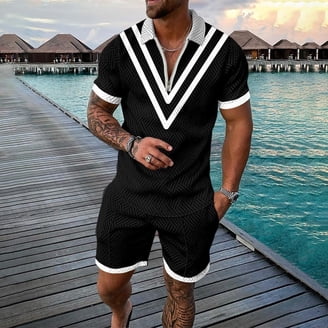 2025 - Mannelijke zomer casual print ritssluiting omslagkraag blouse korte mouwen tops shirt shorts outfits jongens lange mouwen vest, zwart, XL