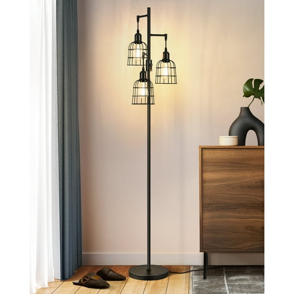EDISHINE Industrial Floor Lamps for Living Room, Dimmable, Metal Farmhouse Modern Standing Lamp with 3 LED Edison Bulbs for Bedroom, Office, Home Decor, Black