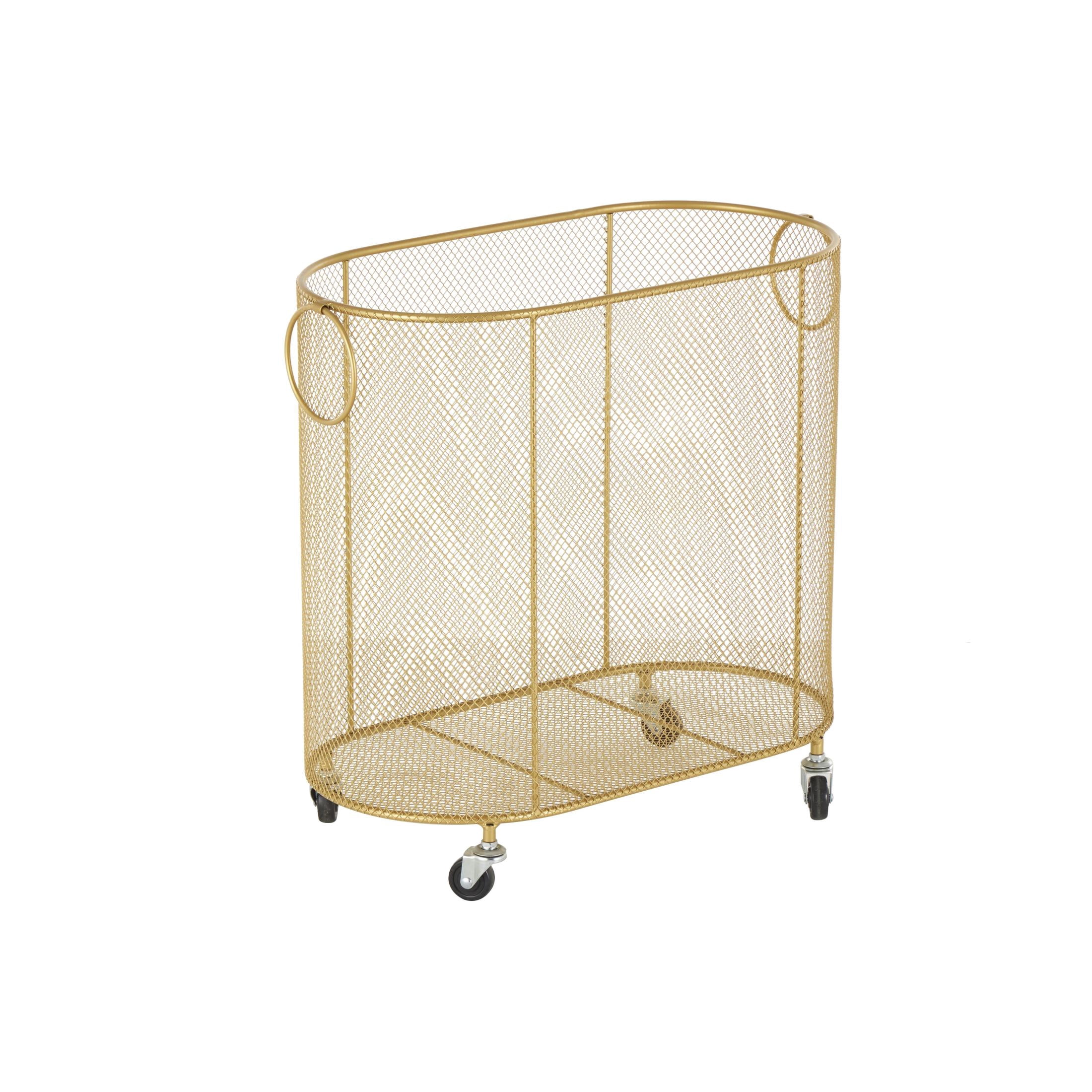 DecMode Gold Metal Oval Mesh Wire Rolling Laundry Storage Cart with Ring Handles