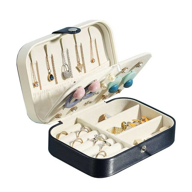 QualitChoice Jewellery Storage Box Portable Solid Color Adjustable Dual Layer Ear Stud Anklet Necklace Ring Jewelry Case Organizer Blue White