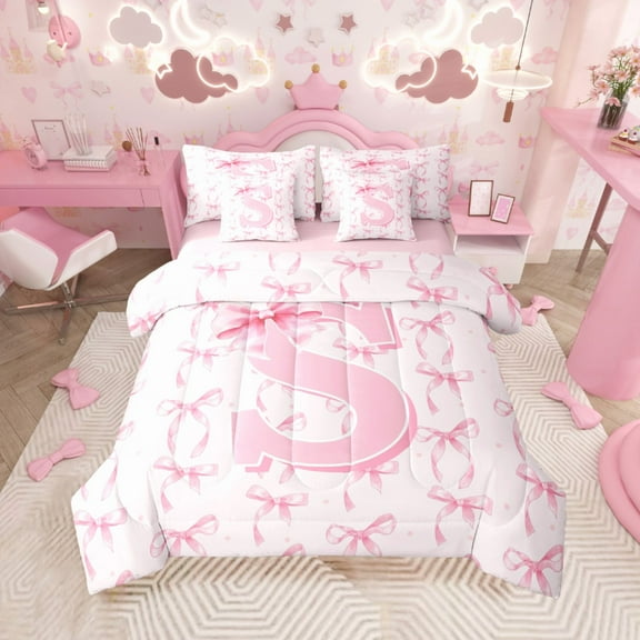 Castle Fairy Girls Alphabet S 7-Piece Twin Bedding Sets,Personalized Initial Bedding Comforter Set,Pink Bow Breathable Sheet Sets,Ultra Soft Home Decor