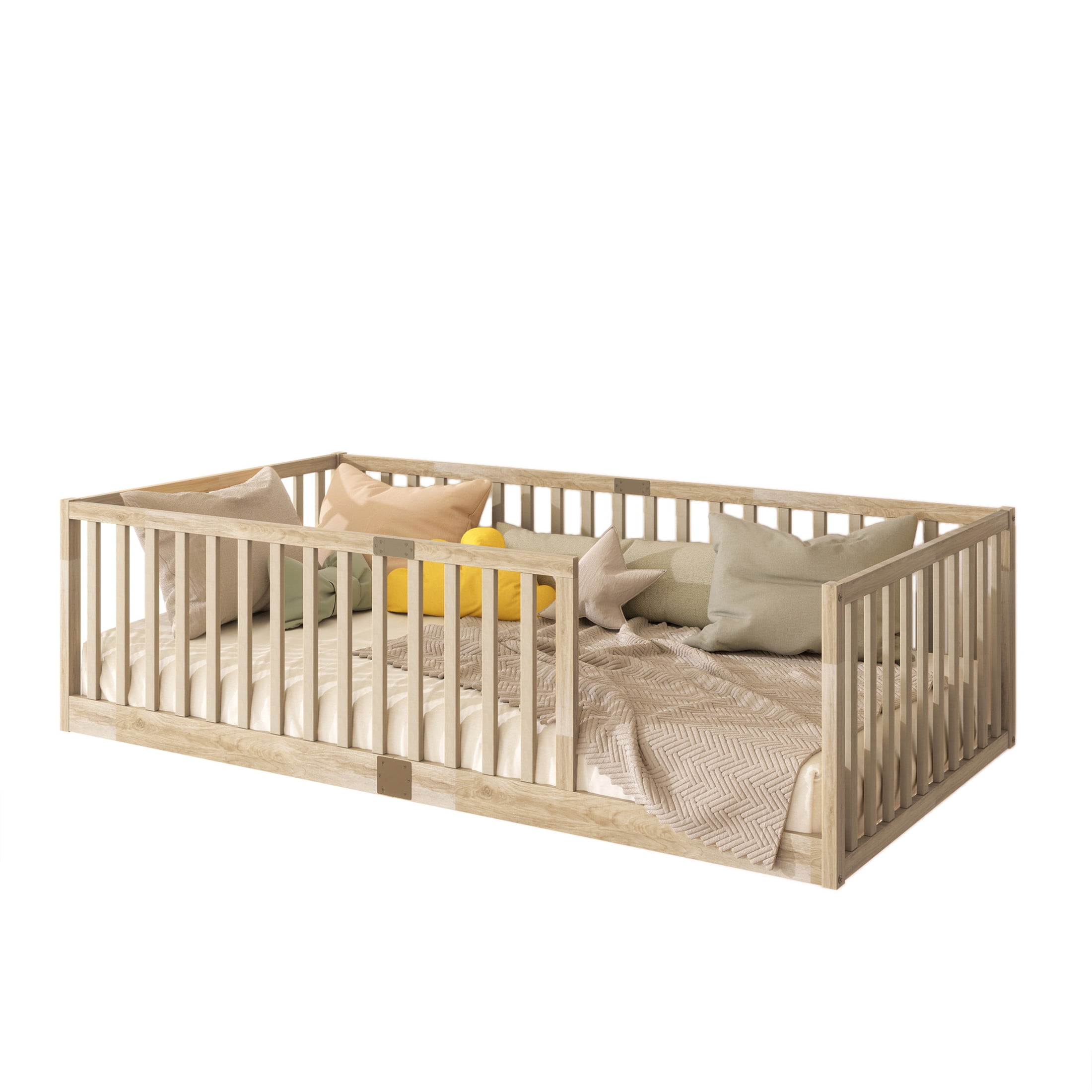 Noble House Nira Twin Floor Bed with High Fence Railings, Rubber Wood Montessori Bed Frame, Kids' Room, Natural