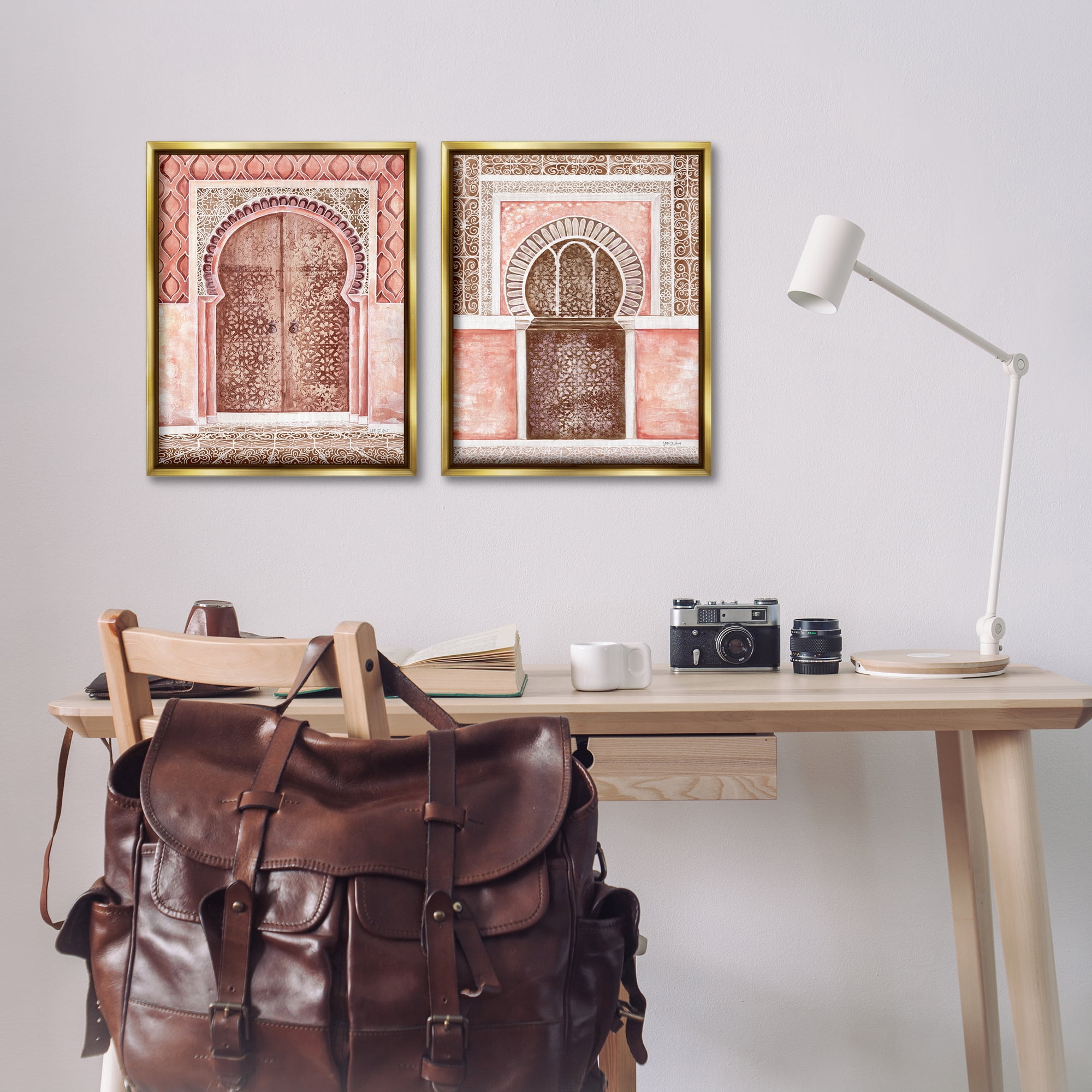 Stupell Industries Moroccan Tiled Alcoves Buildings & Architecture Painting Gold Floater Framed Canvas Art Print Wall Art, 17 x 21, Set of 2