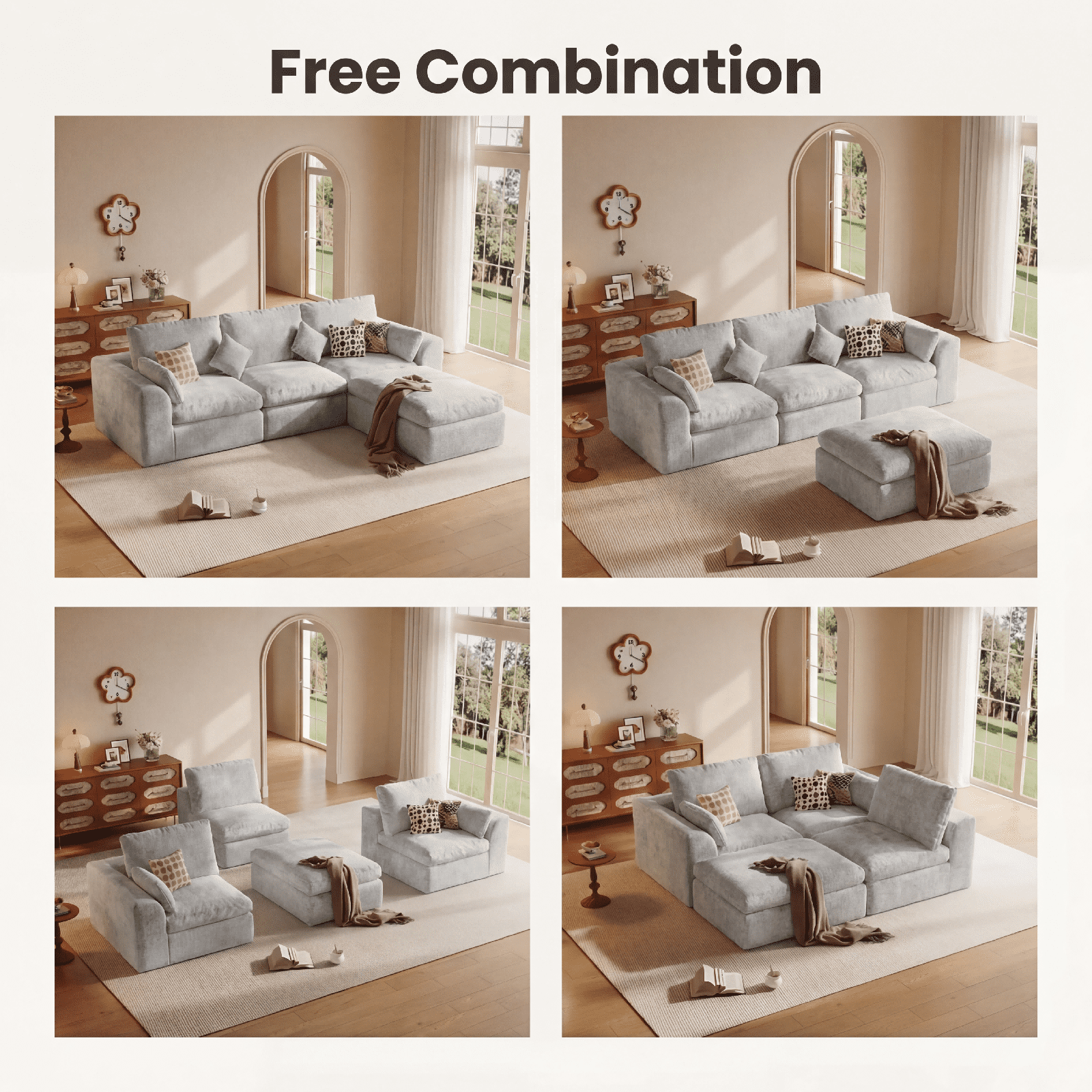 Cubente 108" Cloud Sectional Couch, Boneless Couch, L Shaped Couch with Ottoman, Chenille Modular Sofa for Living Room