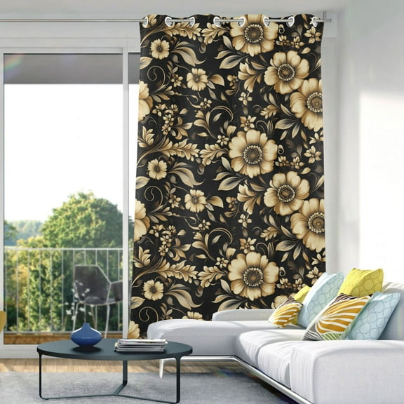 Blackout Curtains Window Curtain for Bedroom Living Room 1 Panel 82"x42" Gold Flowers and Leaves