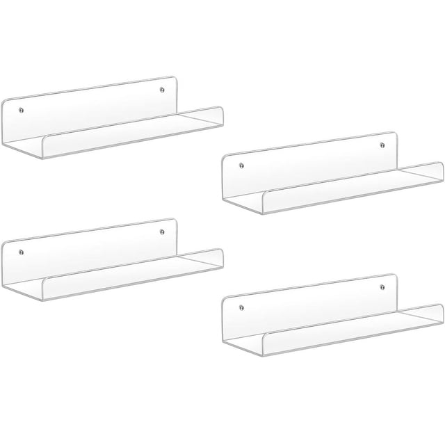 Estantes acrílicos, paquete de 4 estantes flotantes montados en la pared de 15 pulgadas, estante invisible para libros para niños, detalles decorativos para repisa de cuadros, transparente